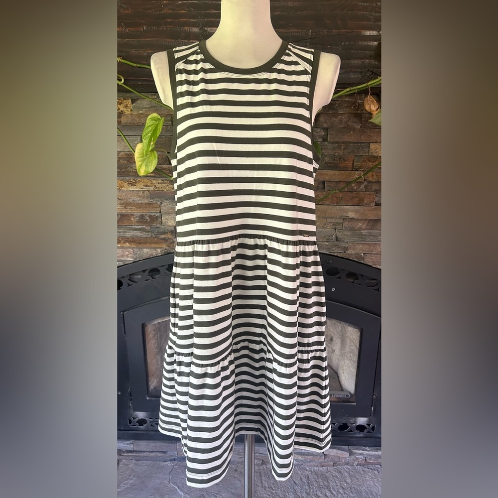 DKNY Olive Stripe Tiered Tank Dress Medium‎